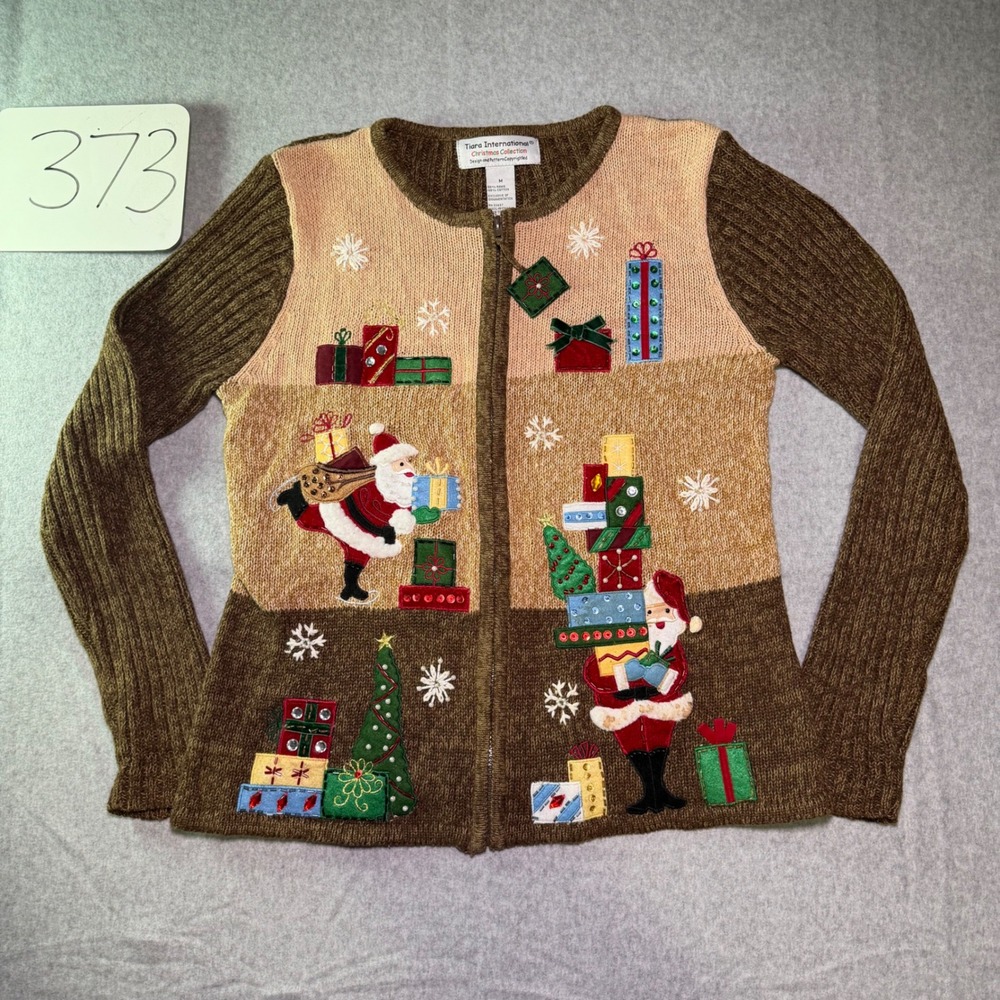 Tiara International Christmas Collection Santa Zip Up Cardigan Sweater Brown M